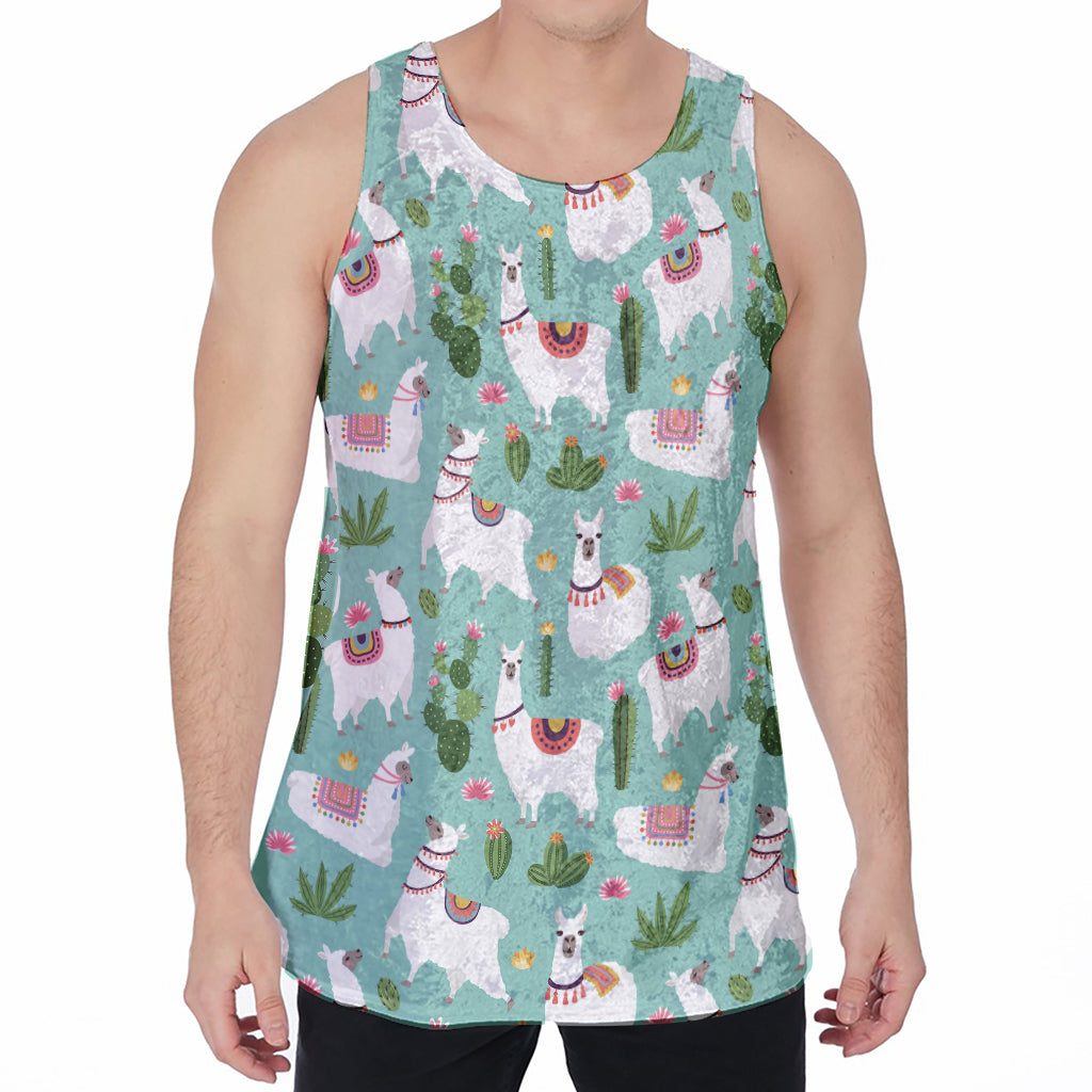 Cute Cactus And Llama Pattern Print Men's Velvet Tank Top