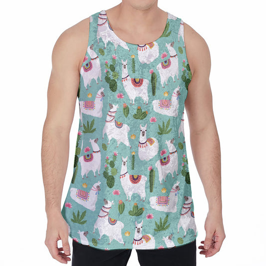 Cute Cactus And Llama Pattern Print Men's Velvet Tank Top
