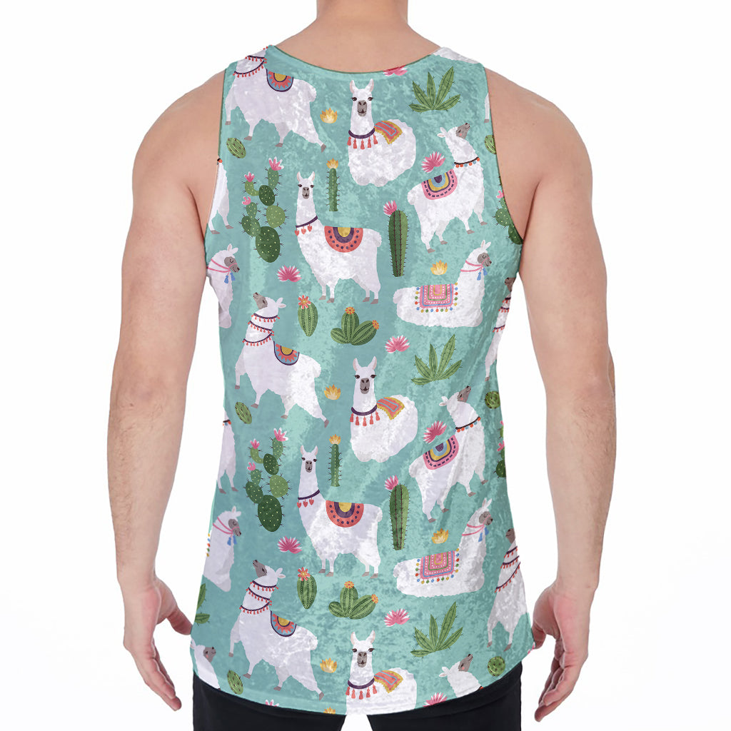 Cute Cactus And Llama Pattern Print Men's Velvet Tank Top