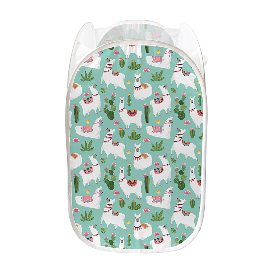 Cute Cactus And Llama Pattern Print Mesh Laundry Hamper