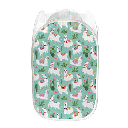 Cute Cactus And Llama Pattern Print Mesh Laundry Hamper