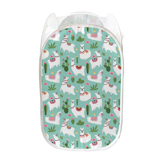 Cute Cactus And Llama Pattern Print Mesh Laundry Hamper