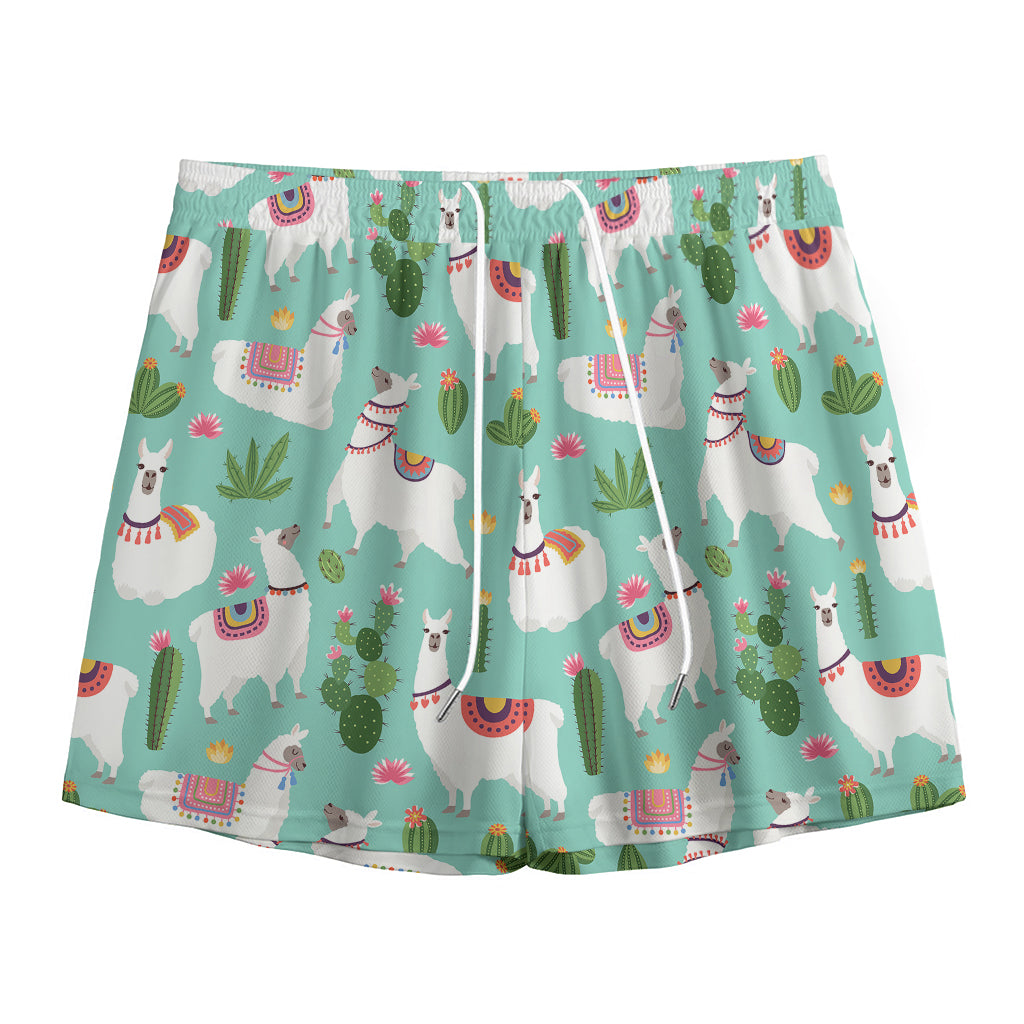 Cute Cactus And Llama Pattern Print Mesh Shorts