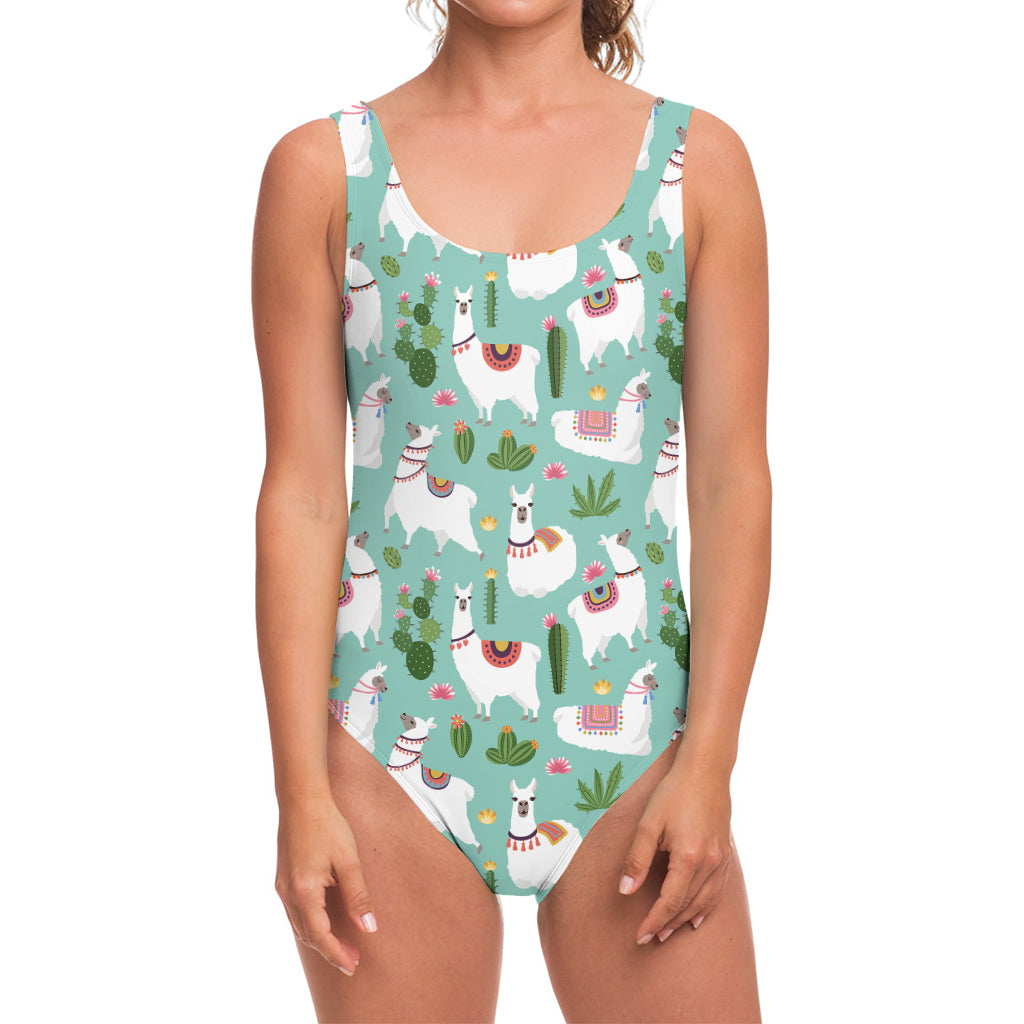 Cute Cactus And Llama Pattern Print One Piece Swimsuit