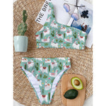 Cute Cactus And Llama Pattern Print One Shoulder Bikini Top