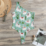 Cute Cactus And Llama Pattern Print One Shoulder Bodysuit