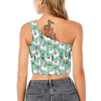 Cute Cactus And Llama Pattern Print One Shoulder Crop Top
