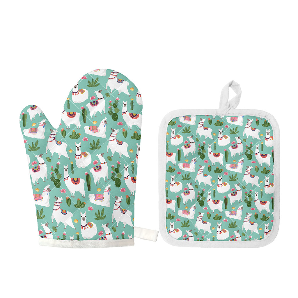 Cute Cactus And Llama Pattern Print Oven Mitt And Pot Holder Set