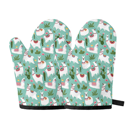 Cute Cactus And Llama Pattern Print Oven Mitts