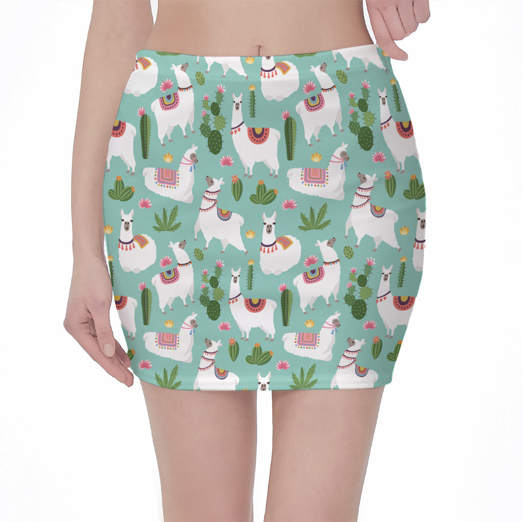 Cute Cactus And Llama Pattern Print Pencil Mini Skirt