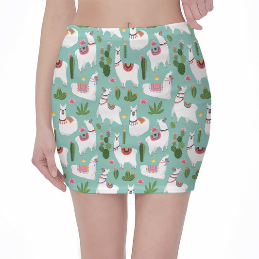 Cute Cactus And Llama Pattern Print Pencil Mini Skirt