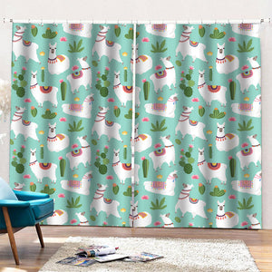 Cute Cactus And Llama Pattern Print Pencil Pleat Curtains