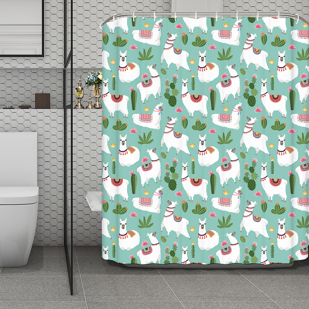 Cute Cactus And Llama Pattern Print Polyester Shower Curtain