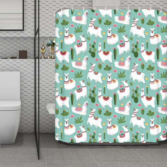 Cute Cactus And Llama Pattern Print Polyester Shower Curtain