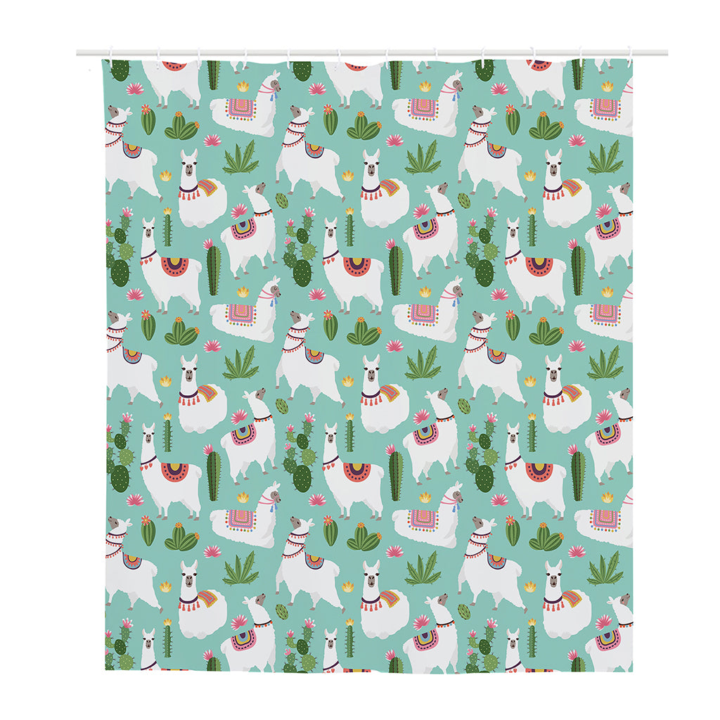 Cute Cactus And Llama Pattern Print Polyester Shower Curtain