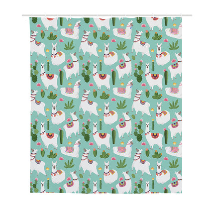 Cute Cactus And Llama Pattern Print Polyester Shower Curtain