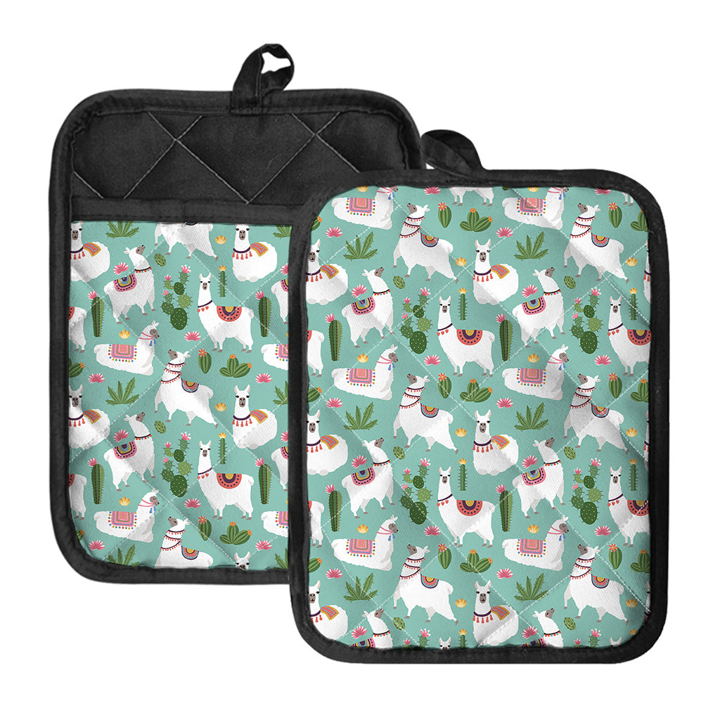 Cute Cactus And Llama Pattern Print Pot Holders With Pocket