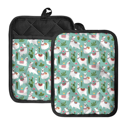 Cute Cactus And Llama Pattern Print Pot Holders With Pocket