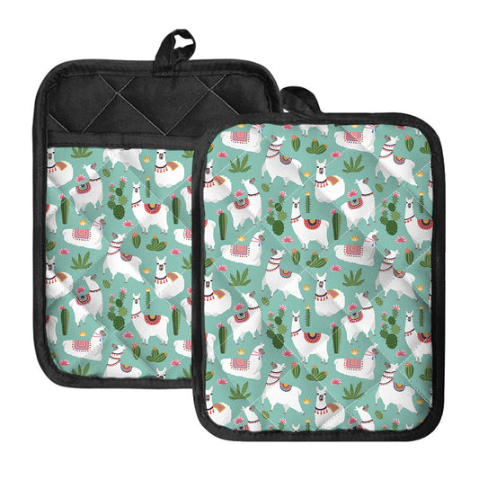 Cute Cactus And Llama Pattern Print Pot Holders With Pocket