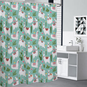 Cute Cactus And Llama Pattern Print Premium Shower Curtain