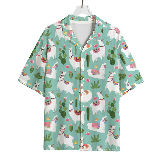 Cute Cactus And Llama Pattern Print Rayon Hawaiian Shirt
