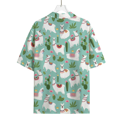 Cute Cactus And Llama Pattern Print Rayon Hawaiian Shirt