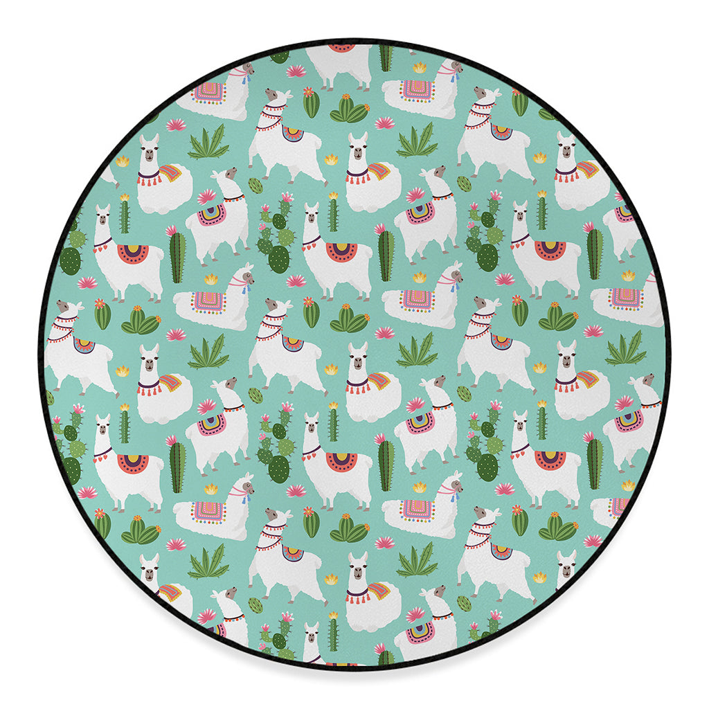 Cute Cactus And Llama Pattern Print Round Floor Mat