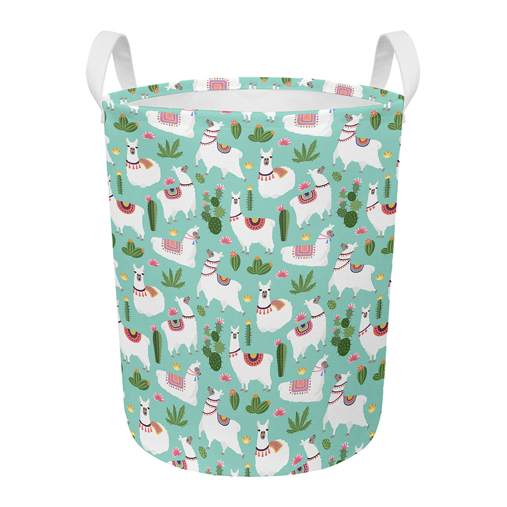 Cute Cactus And Llama Pattern Print Round Laundry Basket