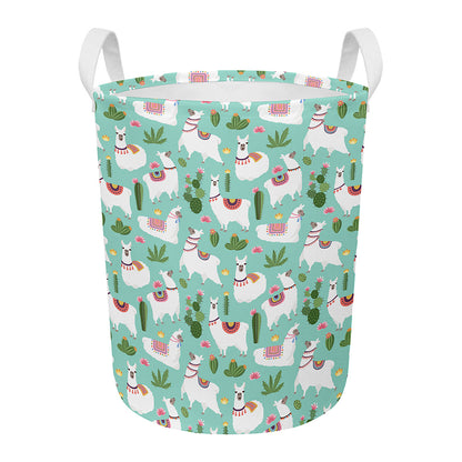 Cute Cactus And Llama Pattern Print Round Laundry Basket