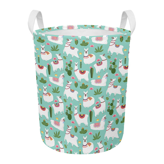 Cute Cactus And Llama Pattern Print Round Laundry Basket