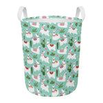 Cute Cactus And Llama Pattern Print Round Laundry Basket