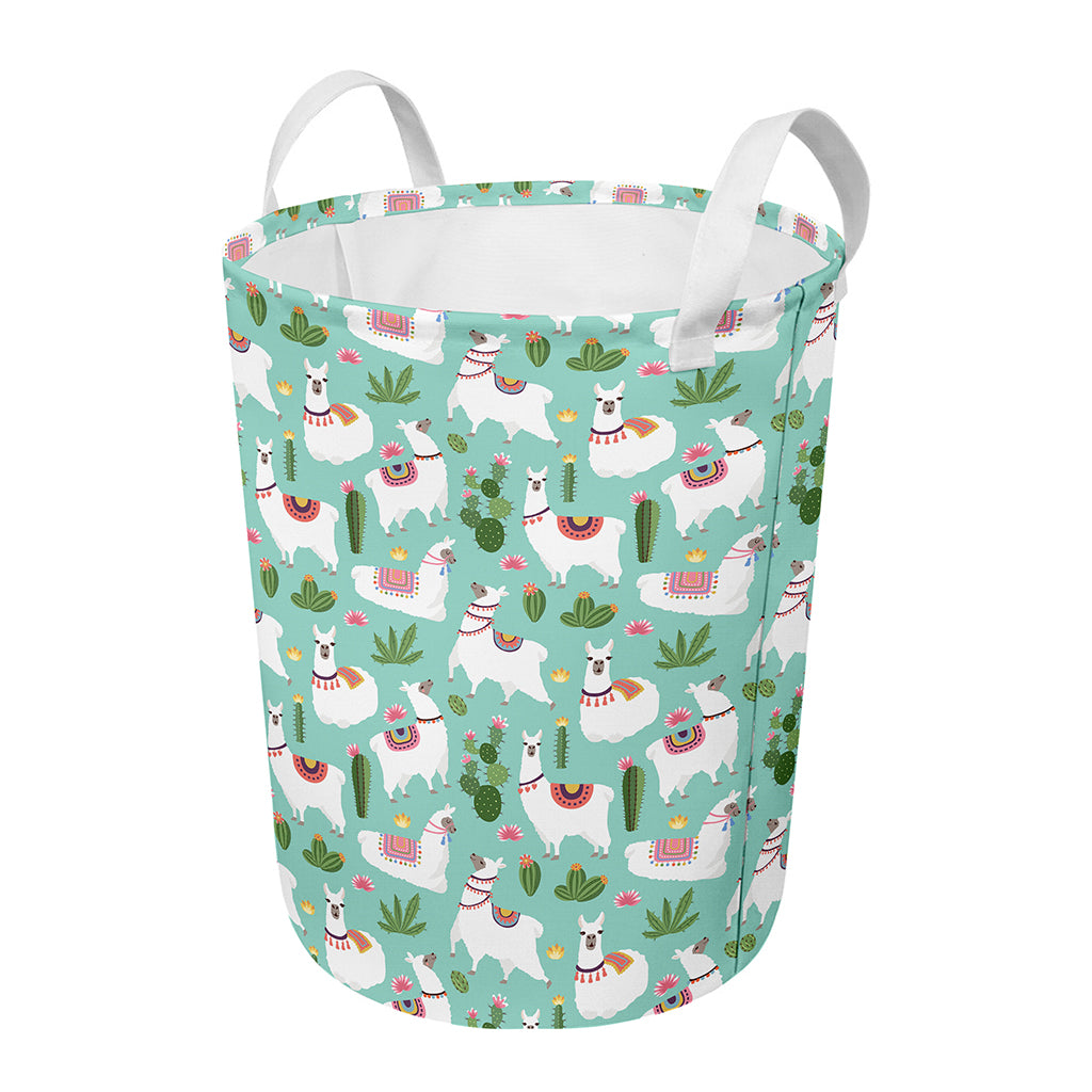 Cute Cactus And Llama Pattern Print Round Laundry Basket
