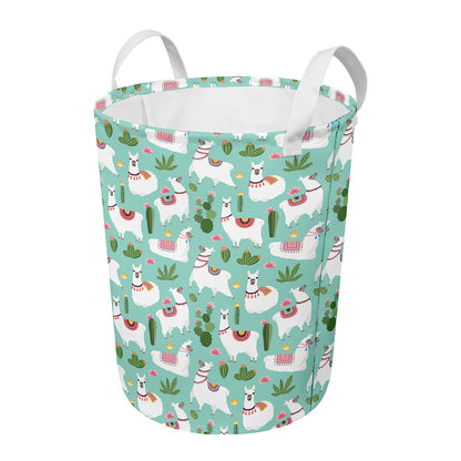 Cute Cactus And Llama Pattern Print Round Laundry Basket