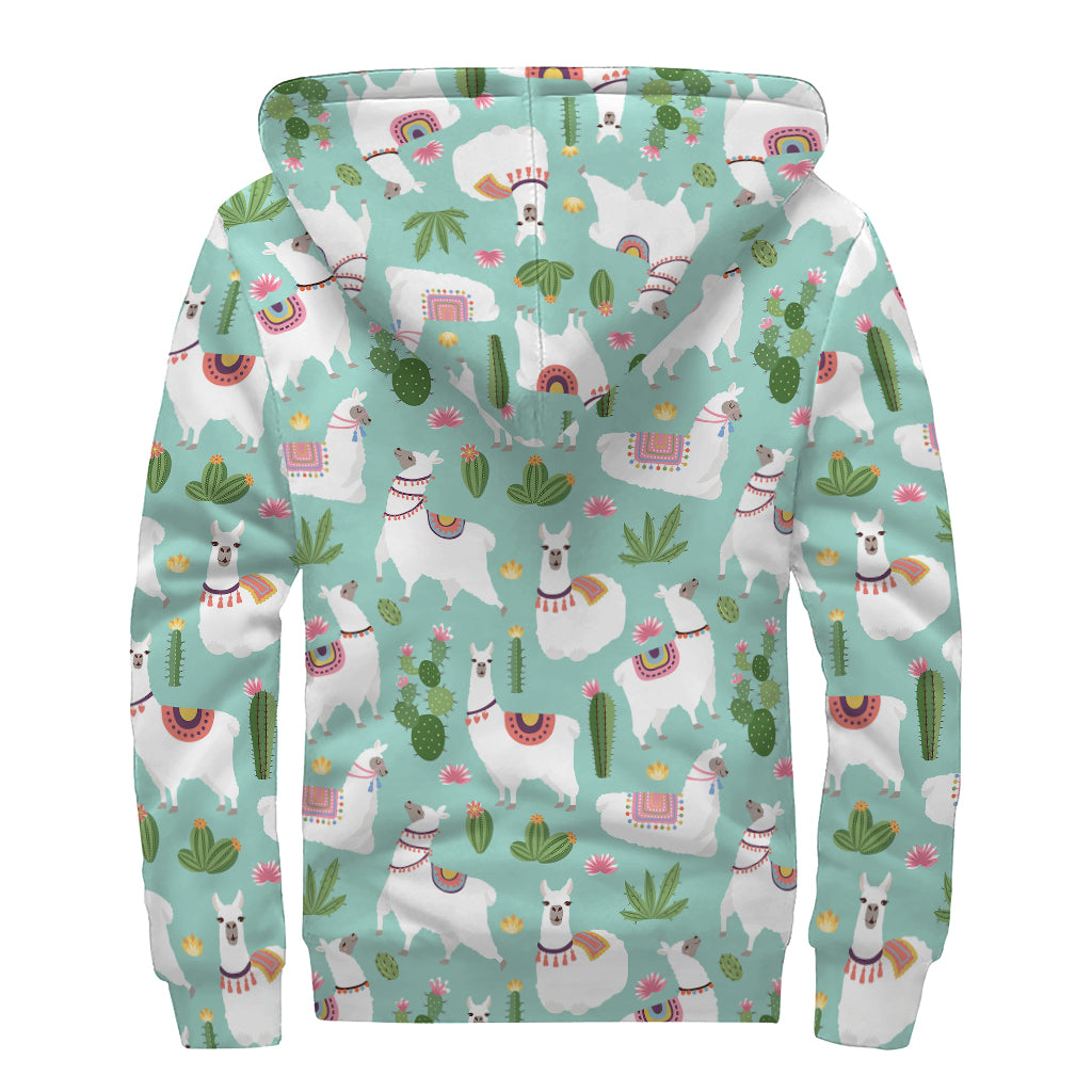 Cute Cactus And Llama Pattern Print Sherpa Lined Zip Up Hoodie