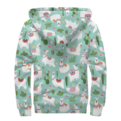 Cute Cactus And Llama Pattern Print Sherpa Lined Zip Up Hoodie