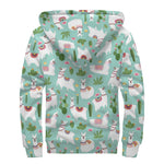 Cute Cactus And Llama Pattern Print Sherpa Lined Zip Up Hoodie