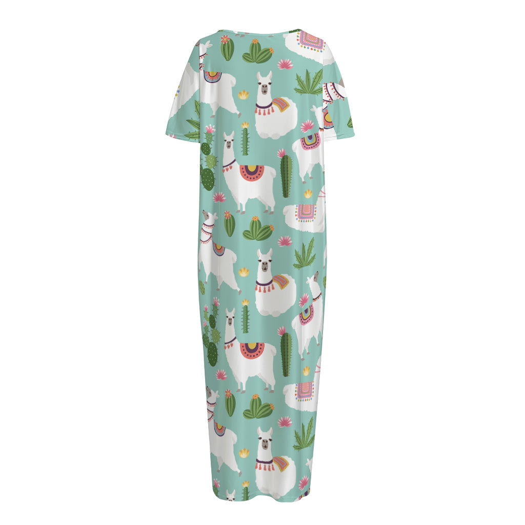 Cute Cactus And Llama Pattern Print Short Sleeve Long Nightdress