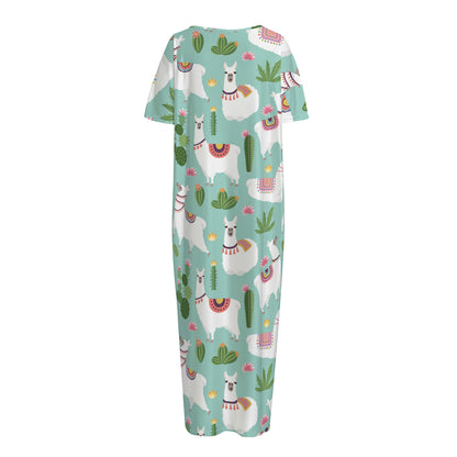 Cute Cactus And Llama Pattern Print Short Sleeve Long Nightdress