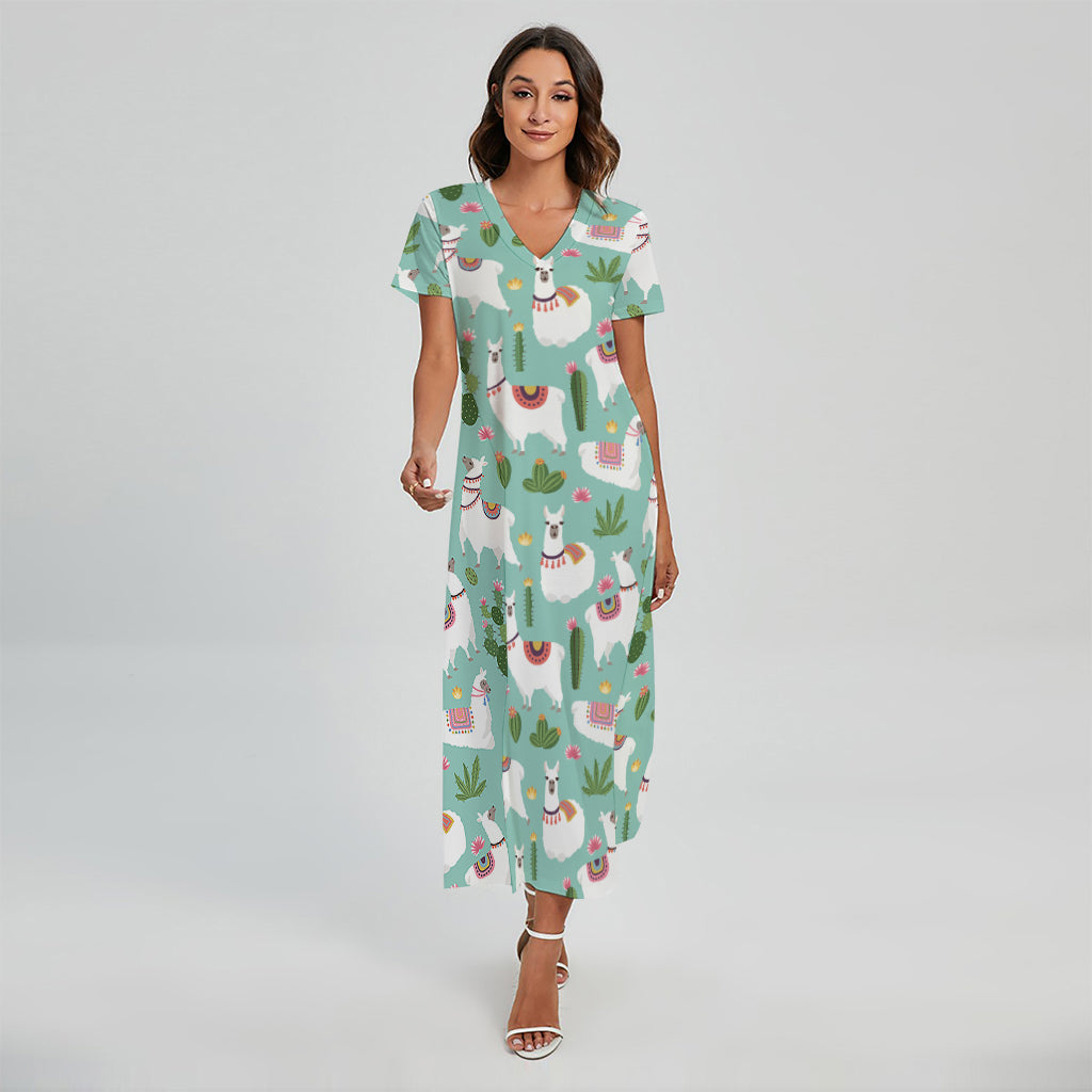 Cute Cactus And Llama Pattern Print Short Sleeve Maxi Dress