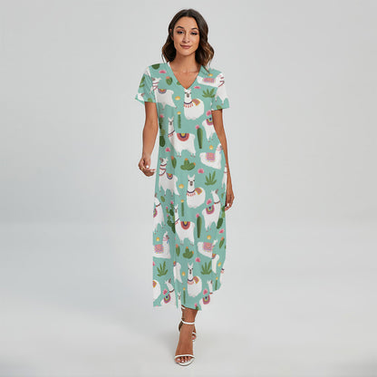 Cute Cactus And Llama Pattern Print Short Sleeve Maxi Dress
