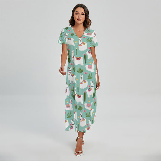 Cute Cactus And Llama Pattern Print Short Sleeve Maxi Dress
