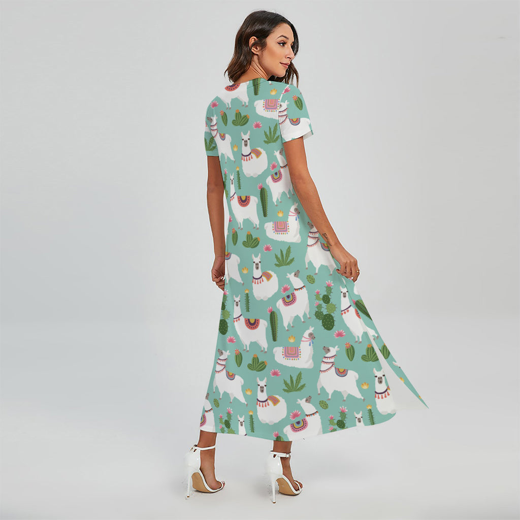 Cute Cactus And Llama Pattern Print Short Sleeve Maxi Dress