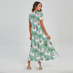 Cute Cactus And Llama Pattern Print Short Sleeve Maxi Dress