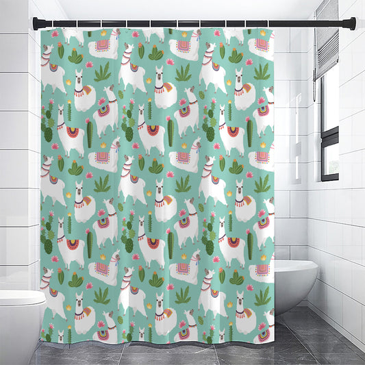 Cute Cactus And Llama Pattern Print Shower Curtain