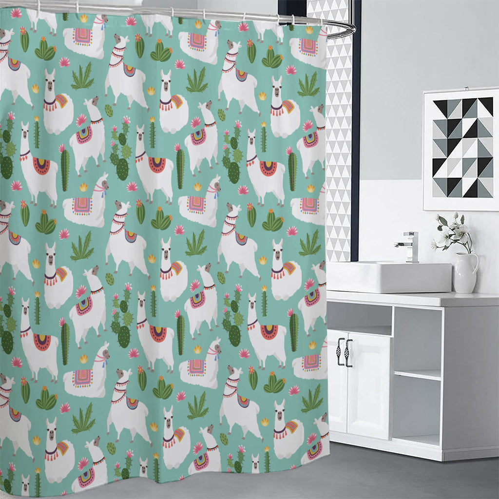 Cute Cactus And Llama Pattern Print Shower Curtain