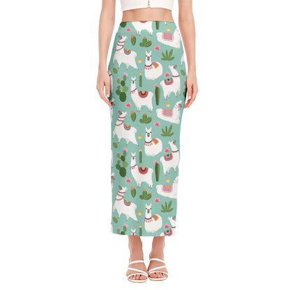 Cute Cactus And Llama Pattern Print Side Slit Maxi Skirt