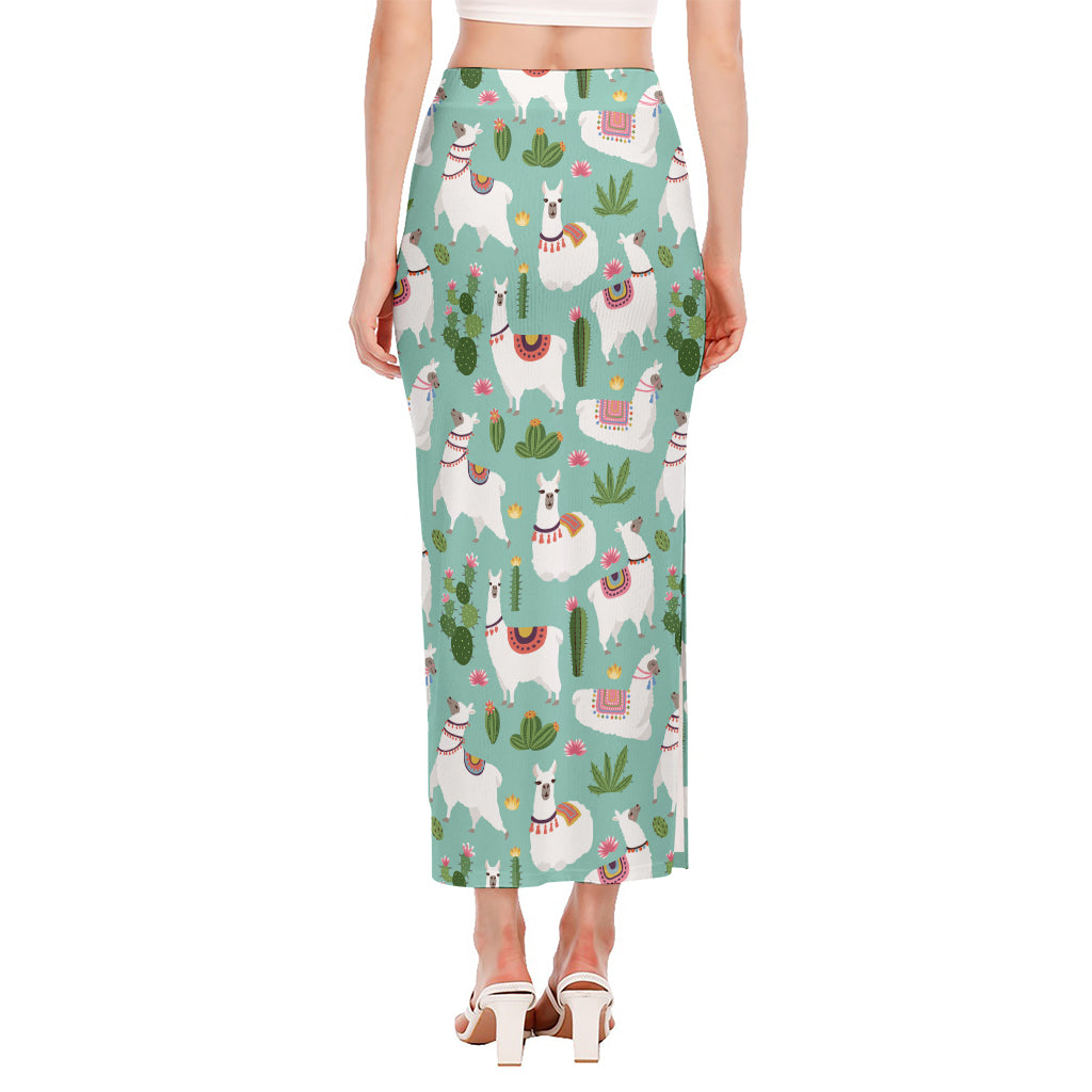 Cute Cactus And Llama Pattern Print Side Slit Maxi Skirt