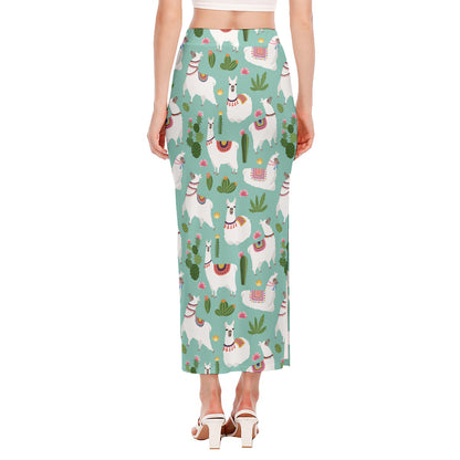 Cute Cactus And Llama Pattern Print Side Slit Maxi Skirt