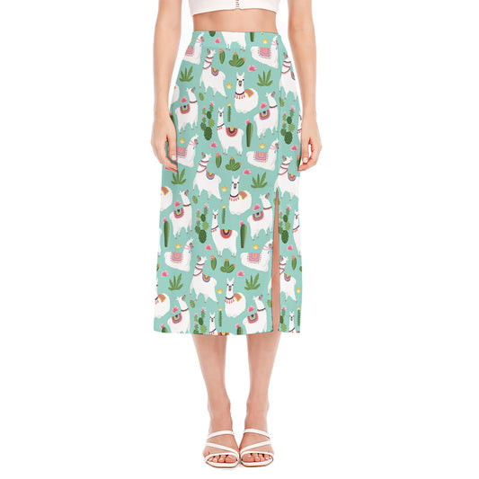 Cute Cactus And Llama Pattern Print Side Slit Midi Skirt