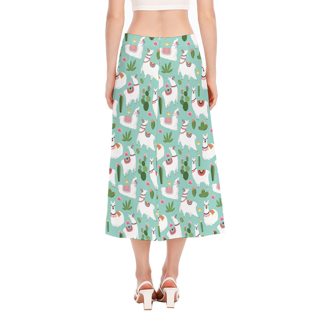 Cute Cactus And Llama Pattern Print Side Slit Midi Skirt